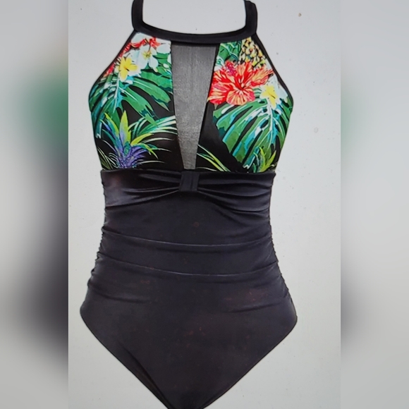 NWT Mesh Detail V Neck Support Bra back Clasp Ruched Slimming Modest swim suit - Picture 5 of 16